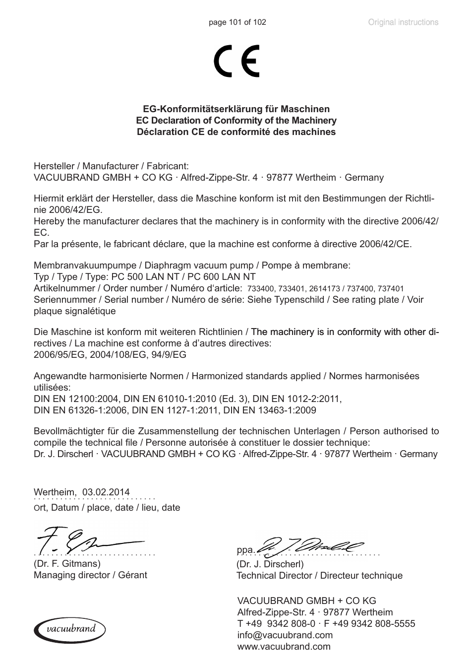 Ec declaration of conformity of the machinery | VACUUBRAND PC 600 LAN NT User Manual | Page 101 / 102