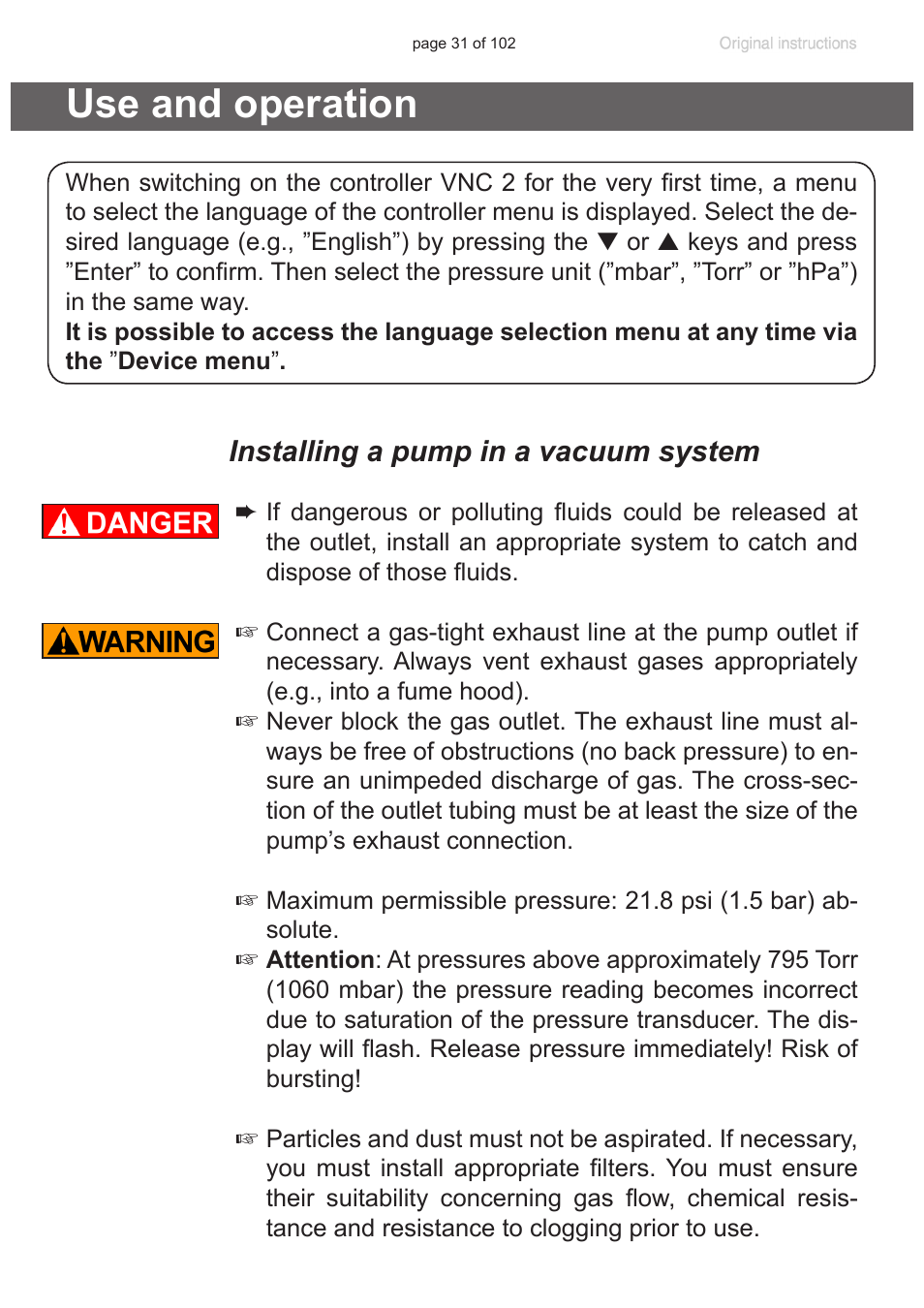 Use and operation, Installing a pump in a vacuum system | VACUUBRAND PC 600 LAN NT User Manual | Page 31 / 102