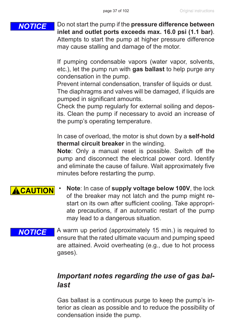 Important notes regarding the use of gas ballast, Notice | VACUUBRAND PC 600 LAN NT User Manual | Page 37 / 102