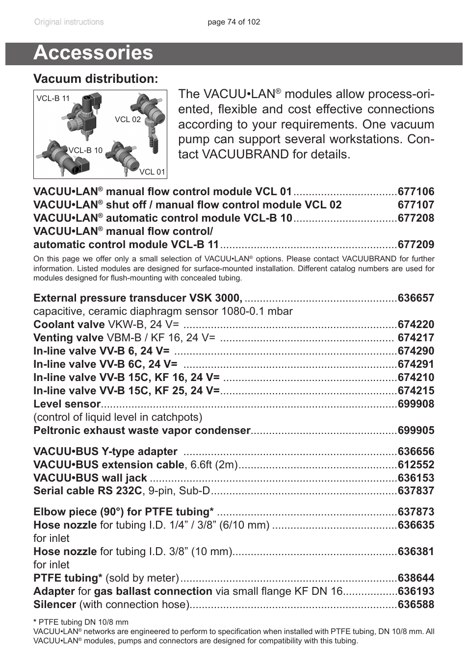 Accessories, Cessories”, pg. 74), Acuu•bus system, (see “accessories”, pg. 74) | Vacuum distribution: the vacuu•lan | VACUUBRAND PC 600 LAN NT User Manual | Page 74 / 102