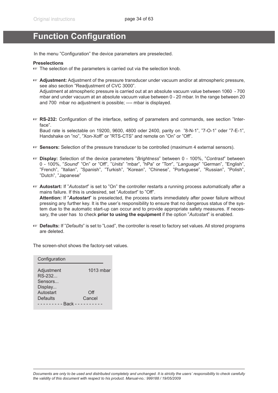 Function configuration | VACUUBRAND PC 620 NT User Manual | Page 34 / 63