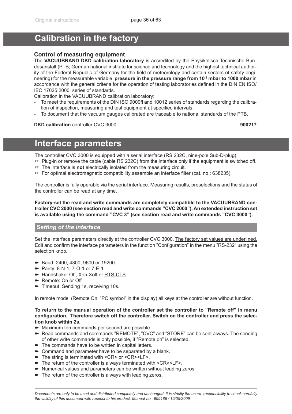 Calibration in the factory, Interface parameters, Setting of the interface | Calibration in the factory interface parameters | VACUUBRAND PC 620 NT User Manual | Page 36 / 63