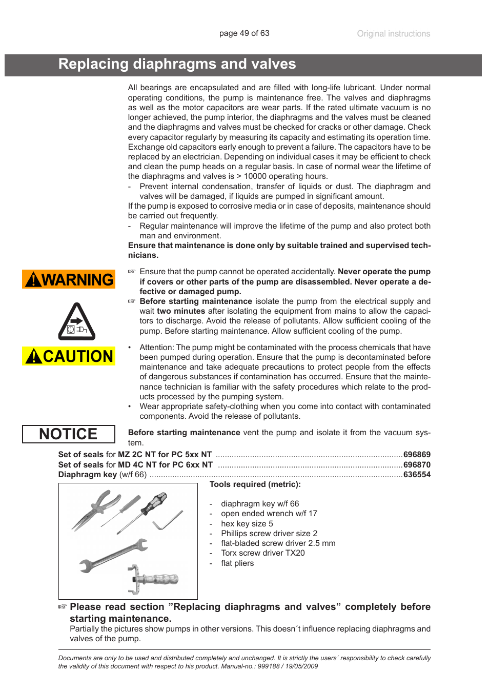 Replacing diaphragms and valves, Notice | VACUUBRAND PC 620 NT User Manual | Page 49 / 63