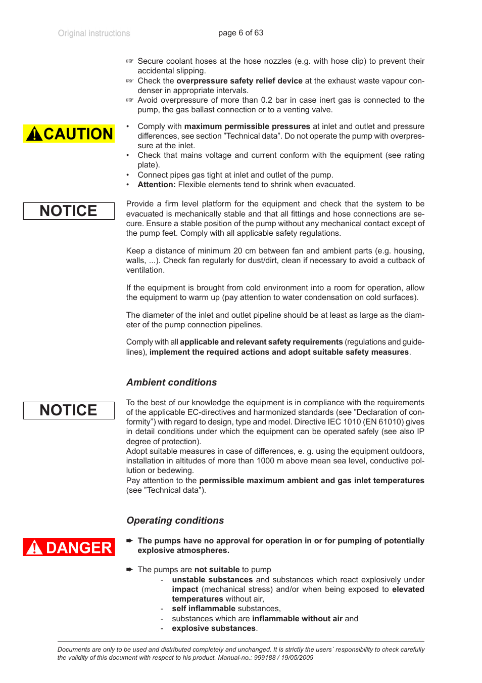 Ambient conditions, Operating conditions, Notice | VACUUBRAND PC 620 NT User Manual | Page 6 / 63