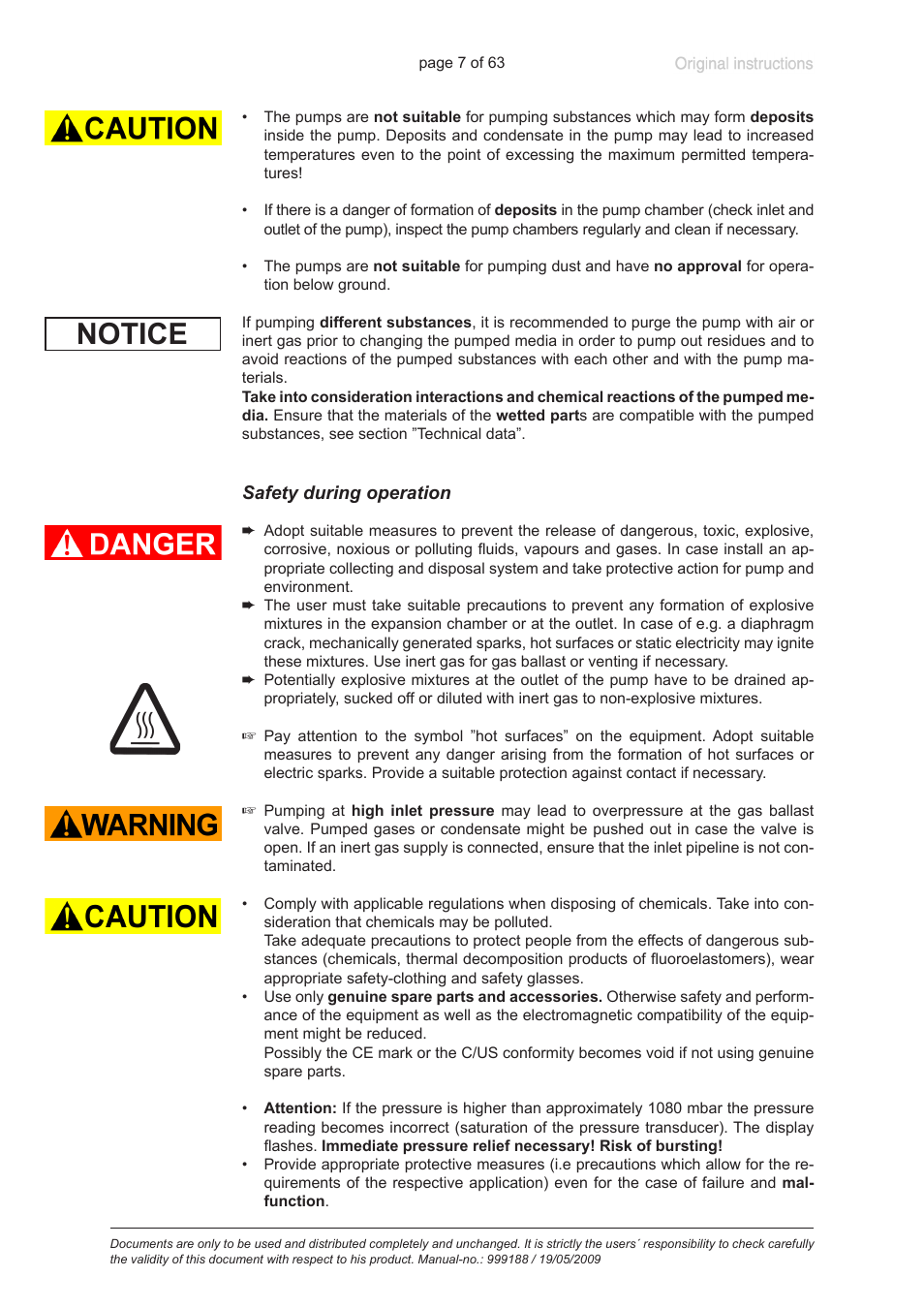 Safety during operation, Notice | VACUUBRAND PC 620 NT User Manual | Page 7 / 63