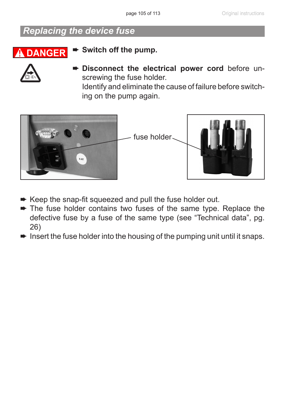 Replacing the device fuse | VACUUBRAND PC 620 NT plastic housing User Manual | Page 105 / 113