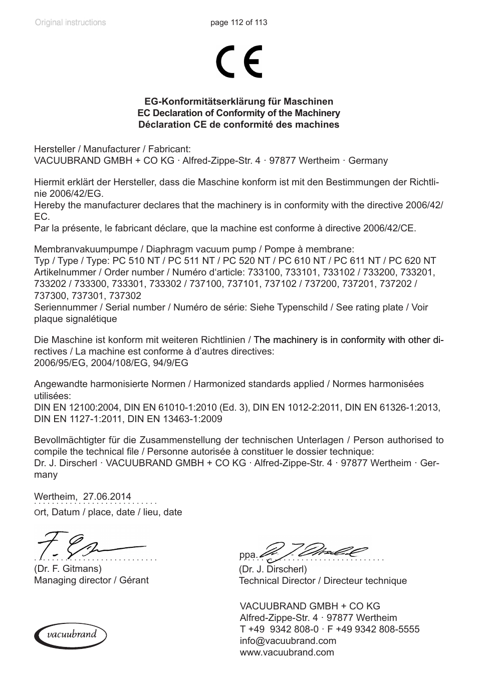 Ec declaration of conformity of the machinery | VACUUBRAND PC 620 NT plastic housing User Manual | Page 112 / 113