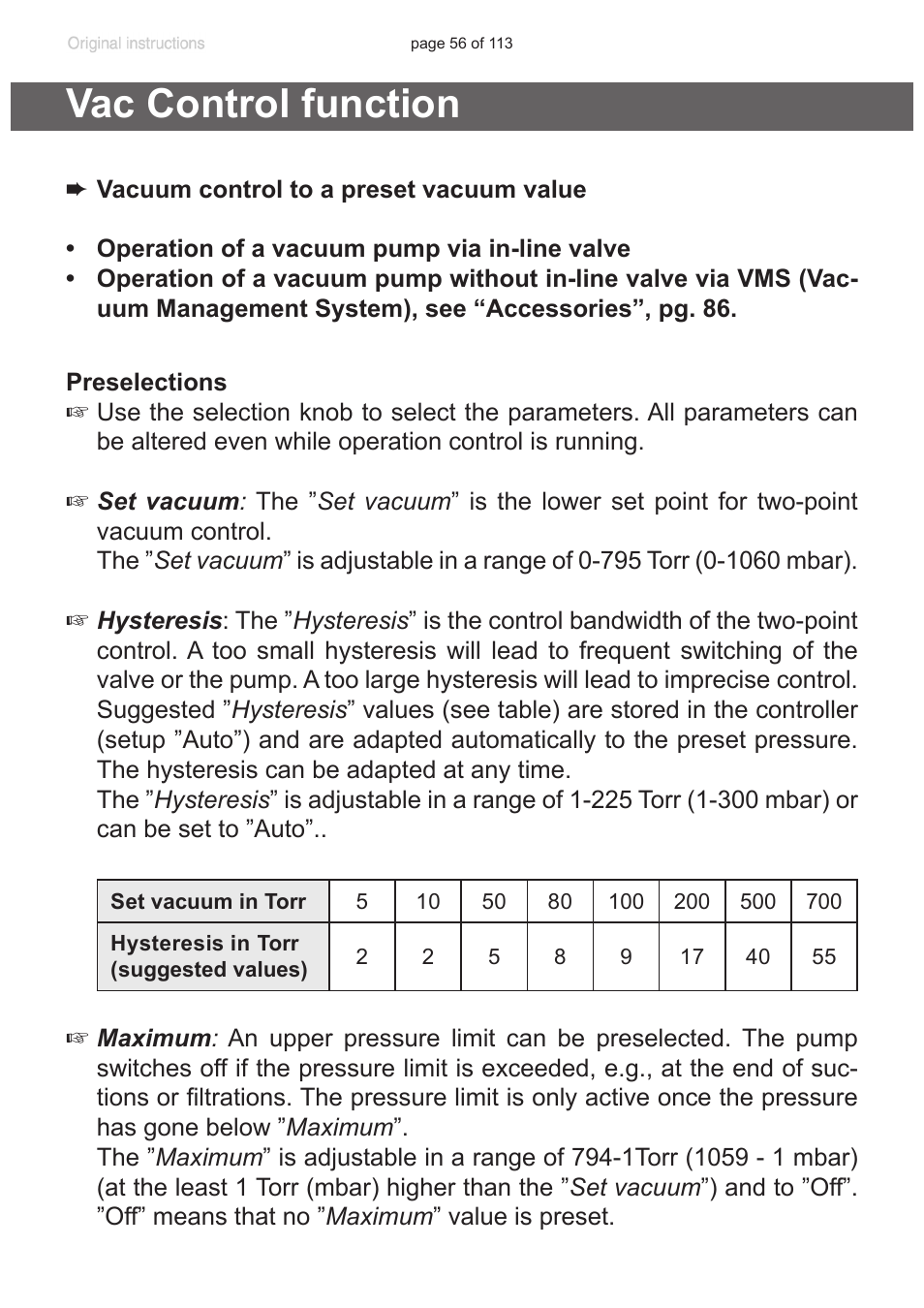 Vac control function | VACUUBRAND PC 620 NT plastic housing User Manual | Page 56 / 113