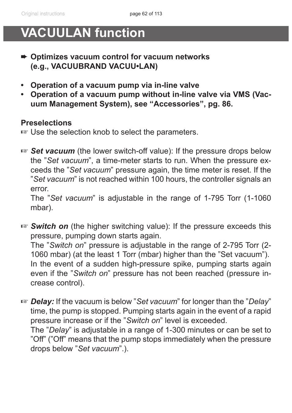 Vacuulan function | VACUUBRAND PC 620 NT plastic housing User Manual | Page 62 / 113