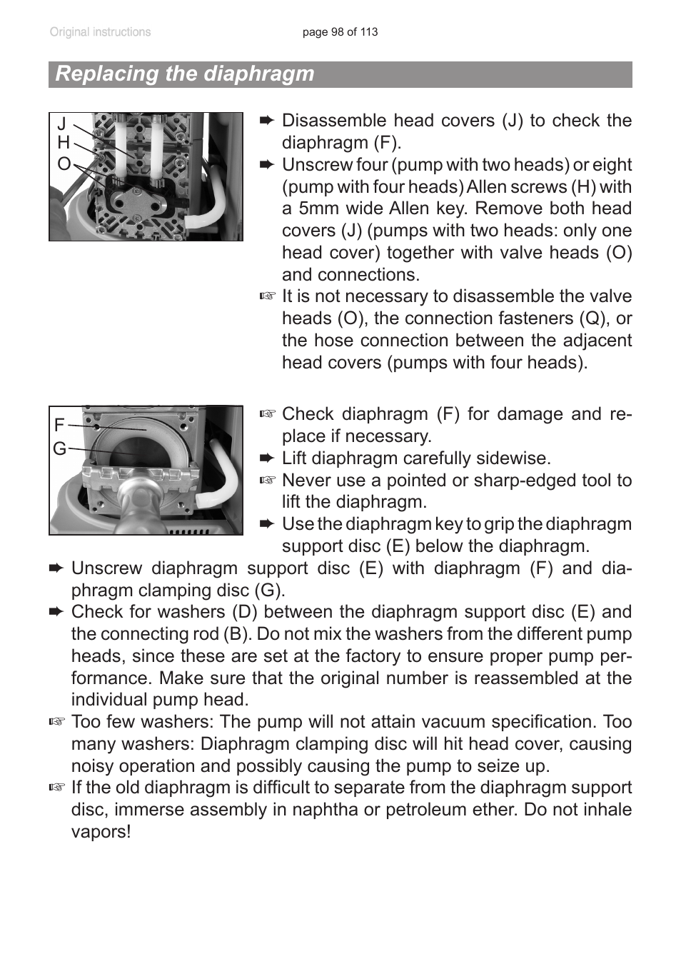 Replacing the diaphragm | VACUUBRAND PC 620 NT plastic housing User Manual | Page 98 / 113