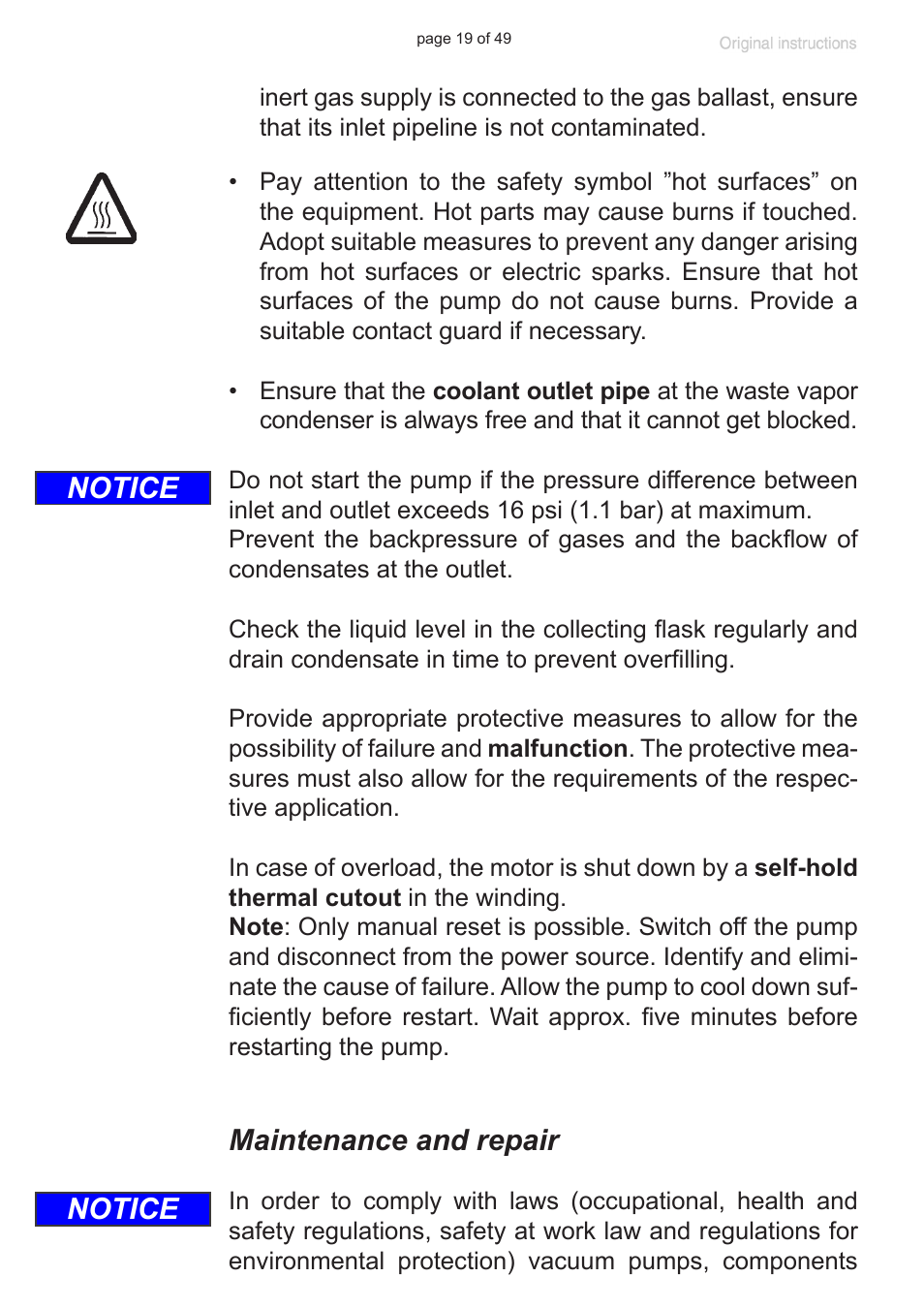 Maintenance and repair, Notice | VACUUBRAND PC 8 m. RC 6 User Manual | Page 19 / 49