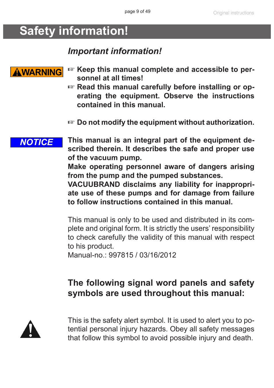Safety information, Important information, Notice | VACUUBRAND PC 8 m. RC 6 User Manual | Page 9 / 49