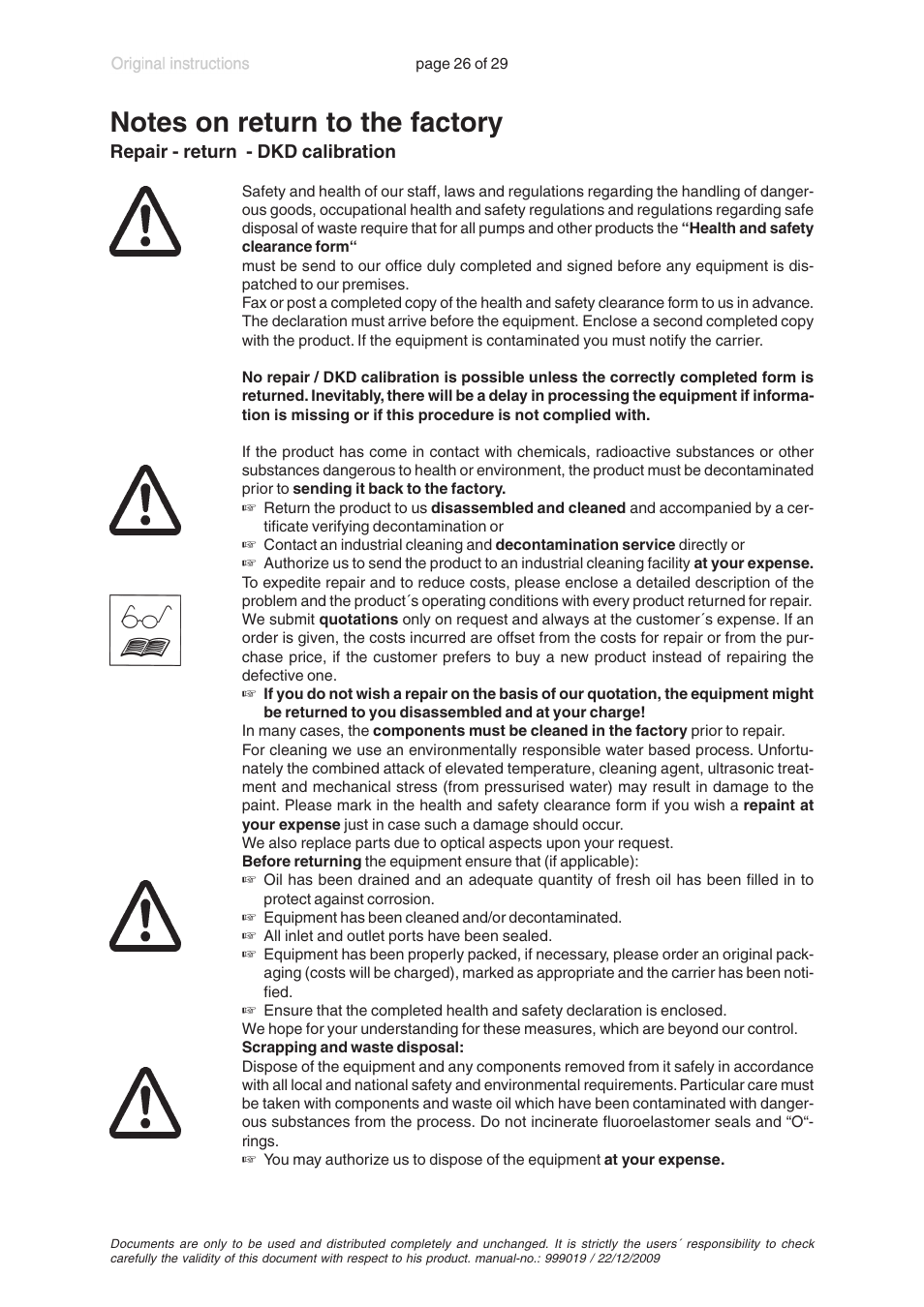 Notes on return to the factory | VACUUBRAND RP 35C VARIO User Manual | Page 26 / 29