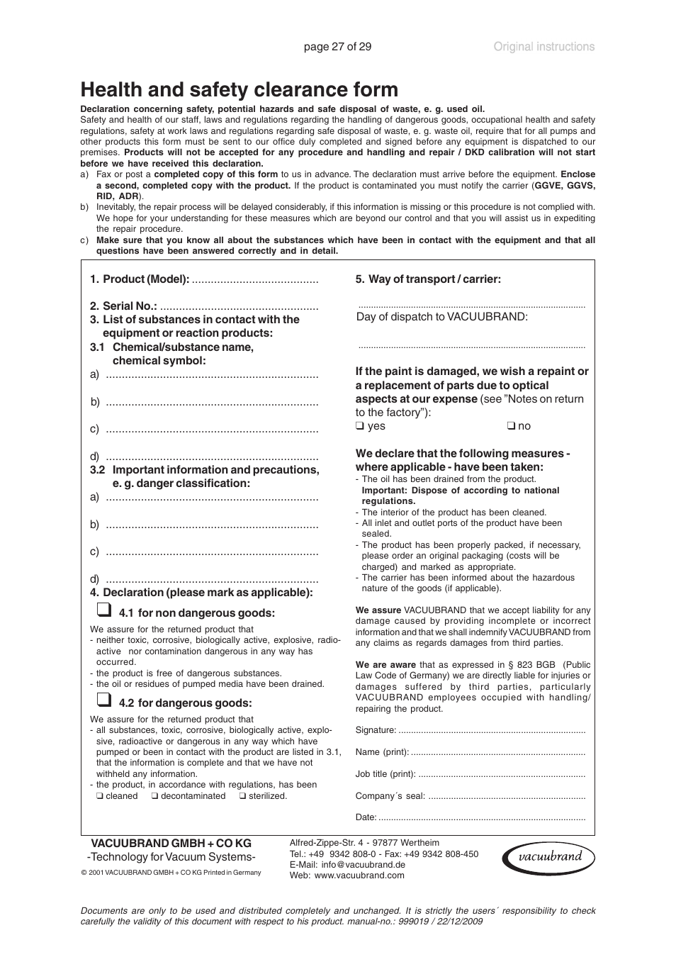 Health and safety clearance form | VACUUBRAND RP 35C VARIO User Manual | Page 27 / 29