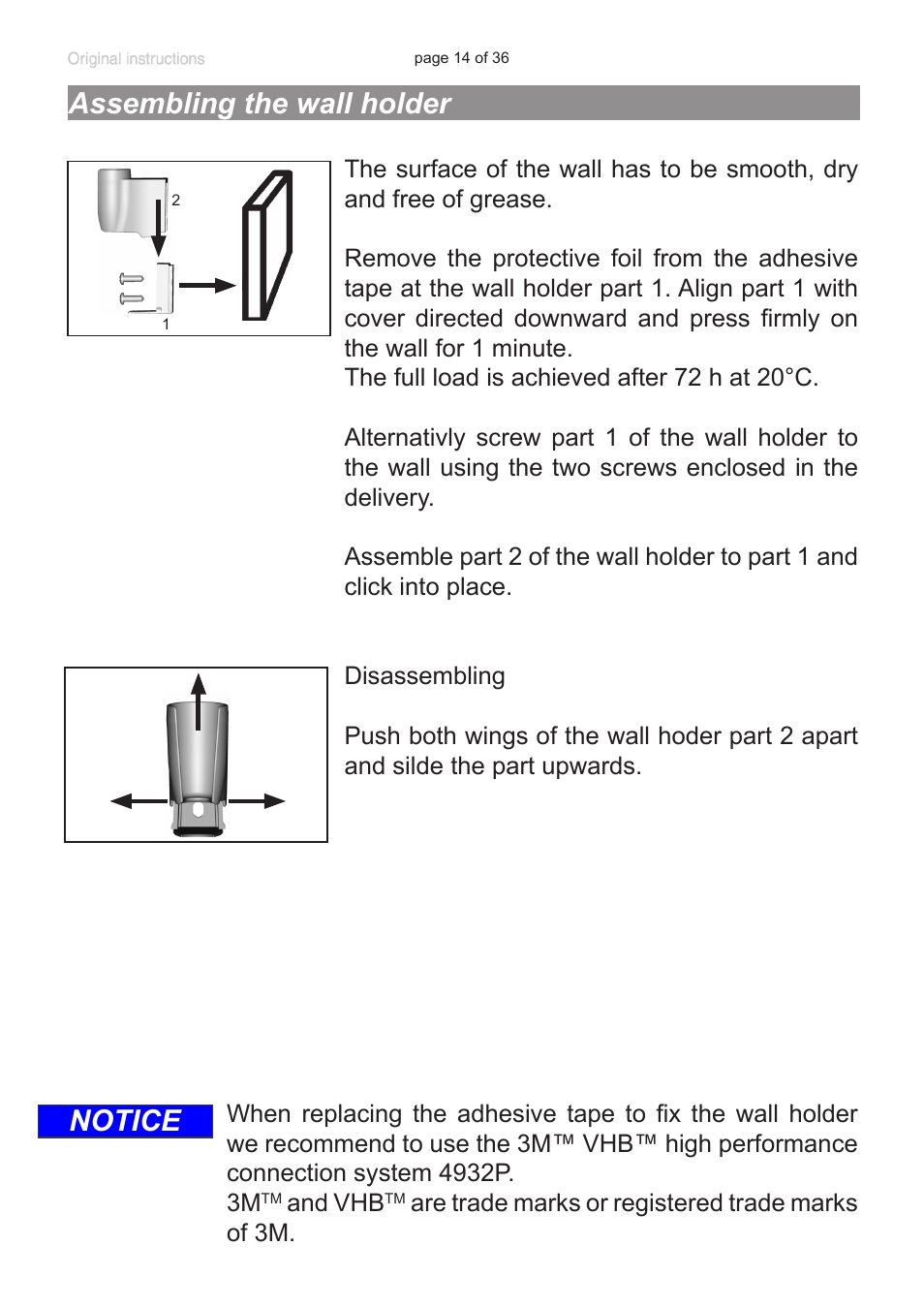 Assembling the wall holder, Notice assembling the wall holder | VACUUBRAND VacuuHandControl VHCpro User Manual | Page 14 / 36