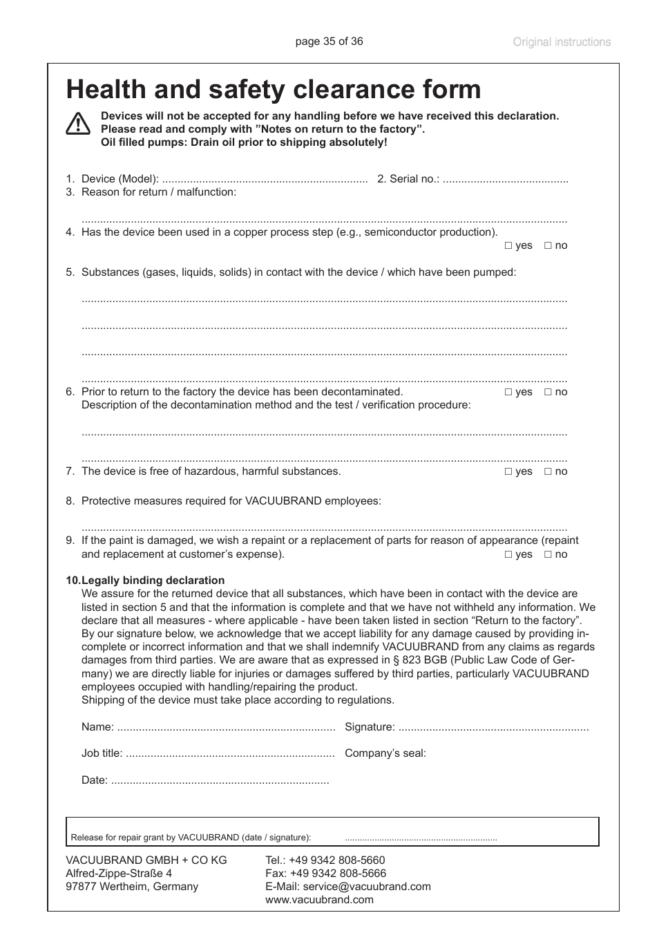 Health and safety clearance form | VACUUBRAND VacuuHandControl VHCpro User Manual | Page 35 / 36