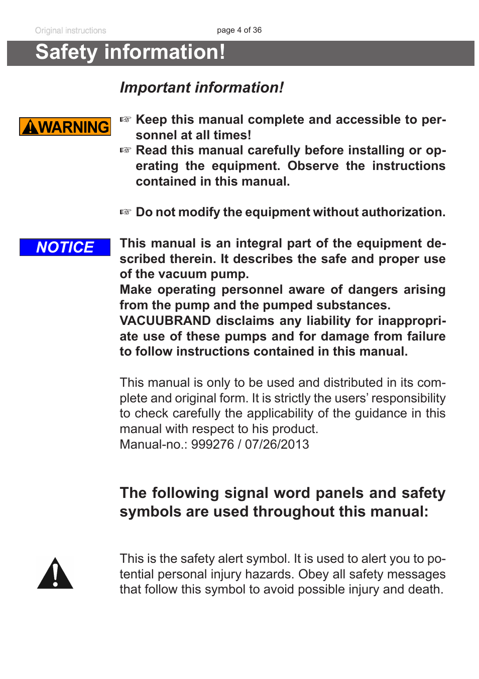 Safety information, Important information, Notice | VACUUBRAND VacuuHandControl VHCpro User Manual | Page 4 / 36