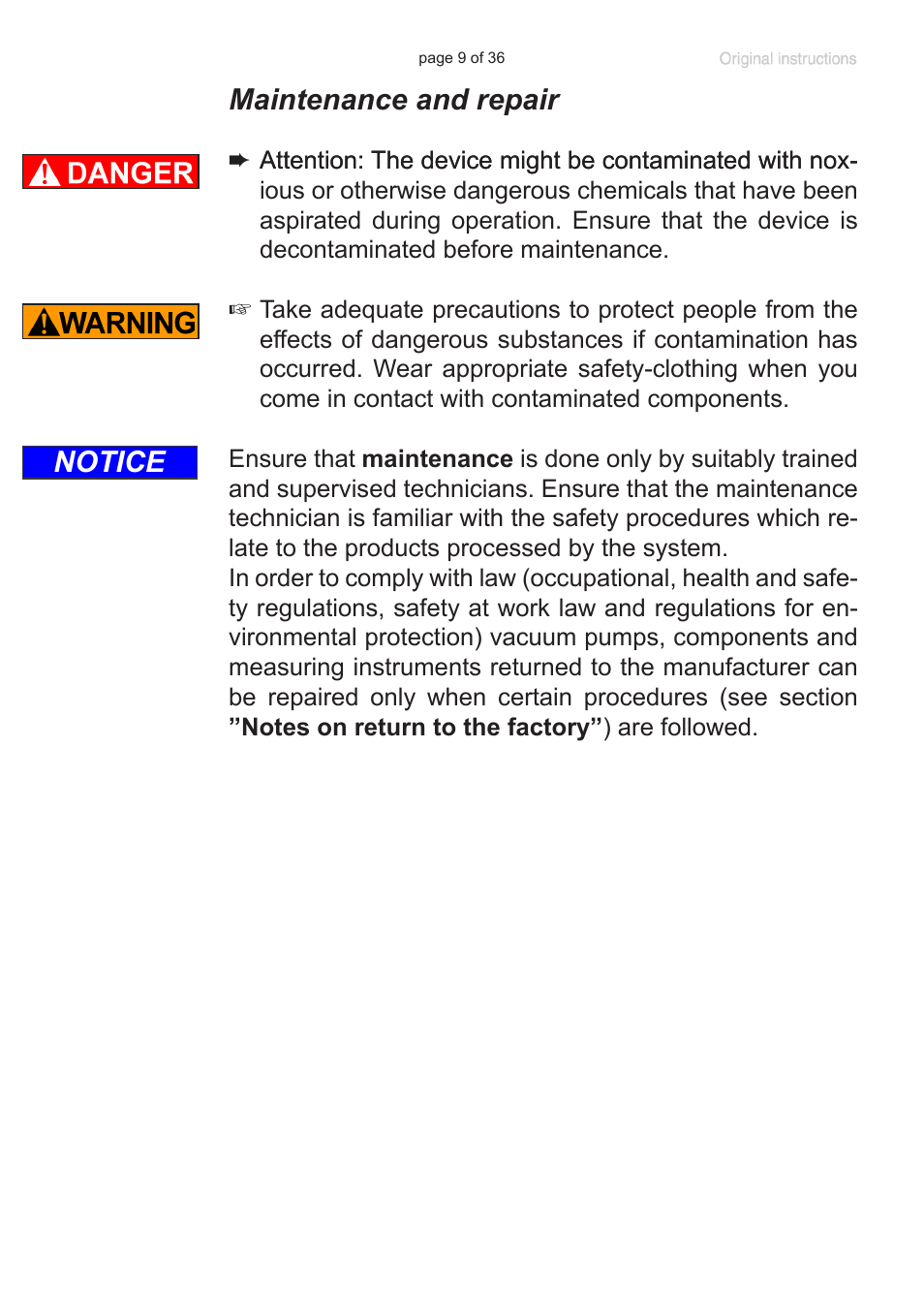 Maintenance and repair, Notice | VACUUBRAND VacuuHandControl VHCpro User Manual | Page 9 / 36