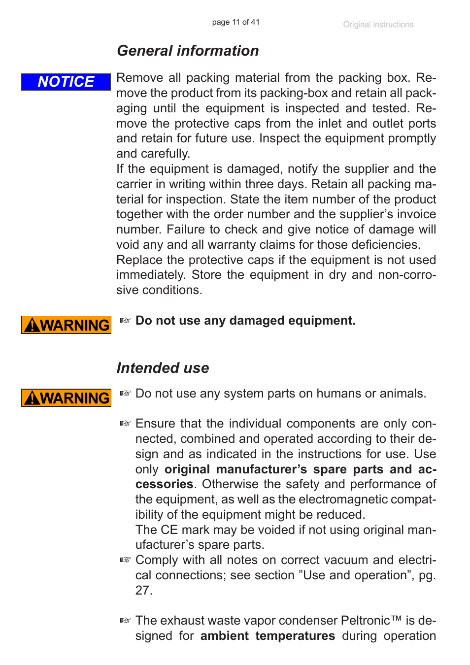 General information, Intended use, Notice | VACUUBRAND Exhaust waste vapour condenser Peltronic User Manual | Page 11 / 41