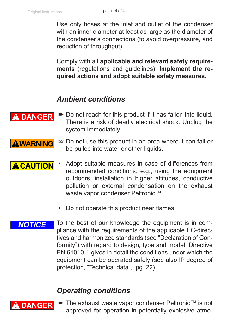 Ambient conditions, Operating conditions, Notice | VACUUBRAND Exhaust waste vapour condenser Peltronic User Manual | Page 14 / 41