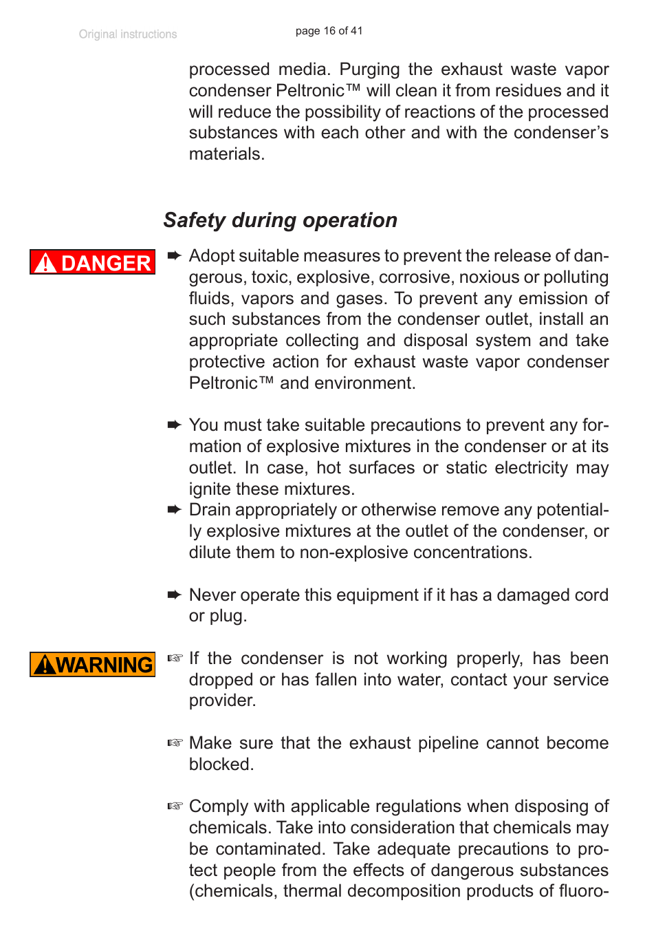 Safety during operation | VACUUBRAND Exhaust waste vapour condenser Peltronic User Manual | Page 16 / 41