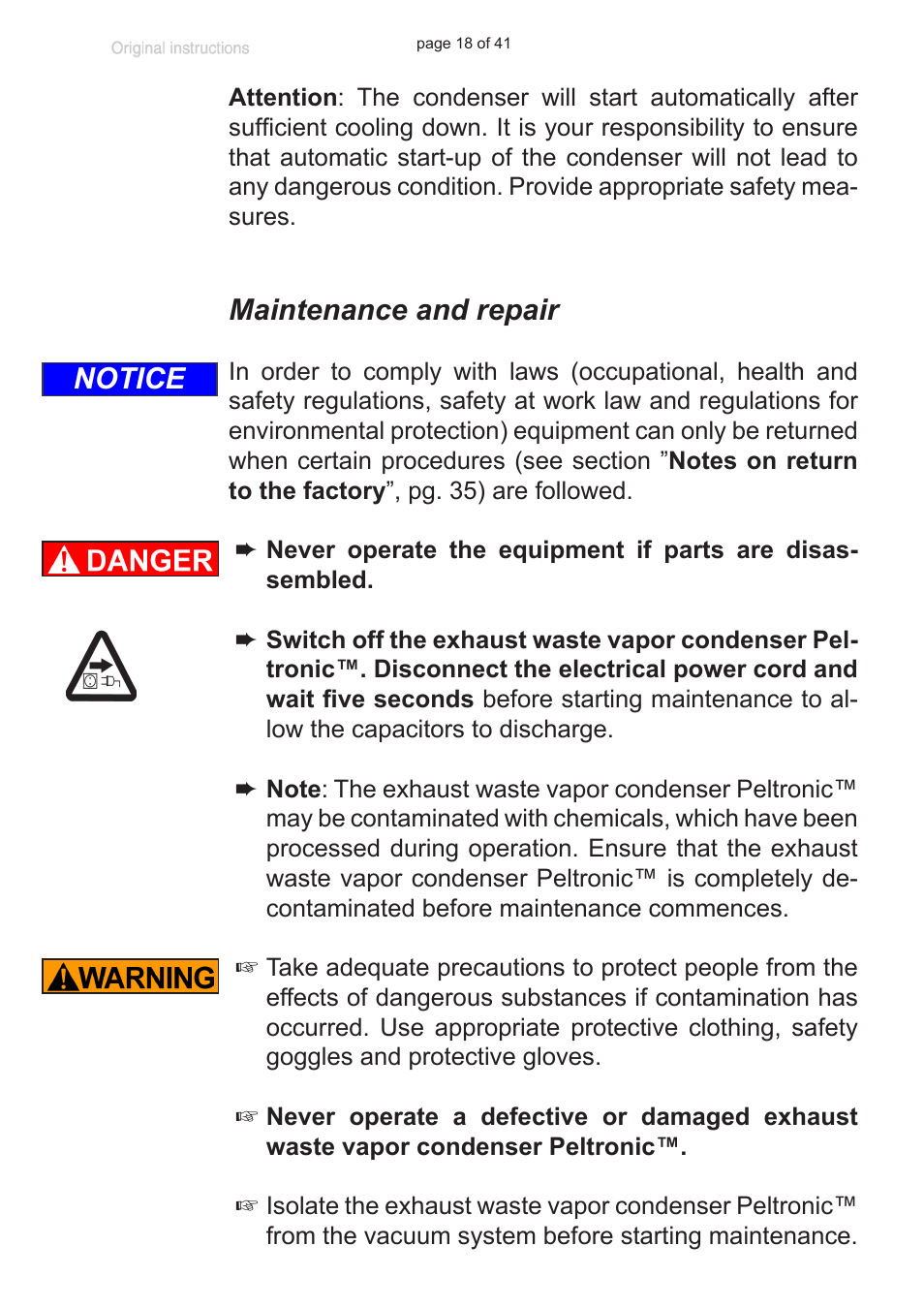 Maintenance and repair, Notice | VACUUBRAND Exhaust waste vapour condenser Peltronic User Manual | Page 18 / 41