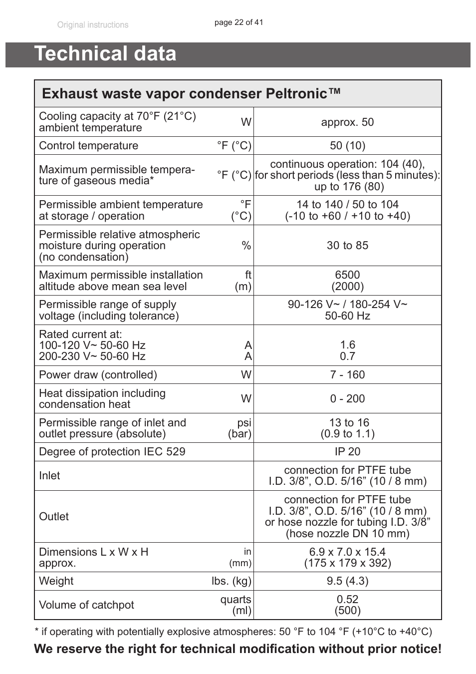 Technical data, Exhaust waste vapor condenser peltronic | VACUUBRAND Exhaust waste vapour condenser Peltronic User Manual | Page 22 / 41