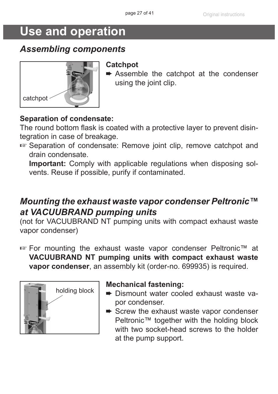 Use and operation, Assembling components, At vacuubrand pumping units | VACUUBRAND Exhaust waste vapour condenser Peltronic User Manual | Page 27 / 41