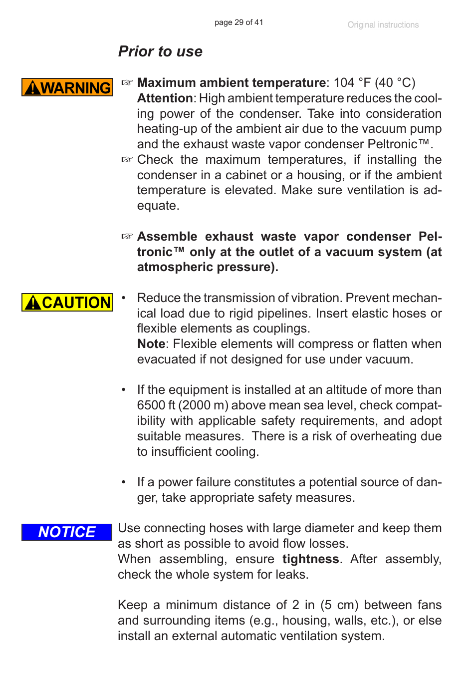 Prior to use, Notice | VACUUBRAND Exhaust waste vapour condenser Peltronic User Manual | Page 29 / 41