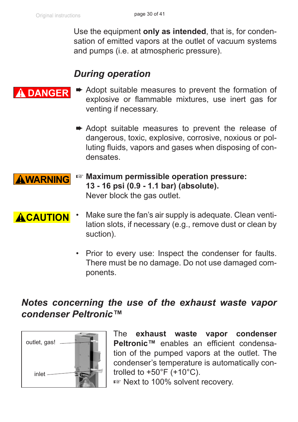 During operation, Notes concerning the use of the, Exhaust waste vapor condenser peltronic | VACUUBRAND Exhaust waste vapour condenser Peltronic User Manual | Page 30 / 41