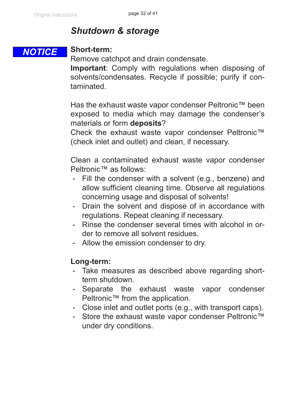 Shutdown & storage, Notice | VACUUBRAND Exhaust waste vapour condenser Peltronic User Manual | Page 32 / 41