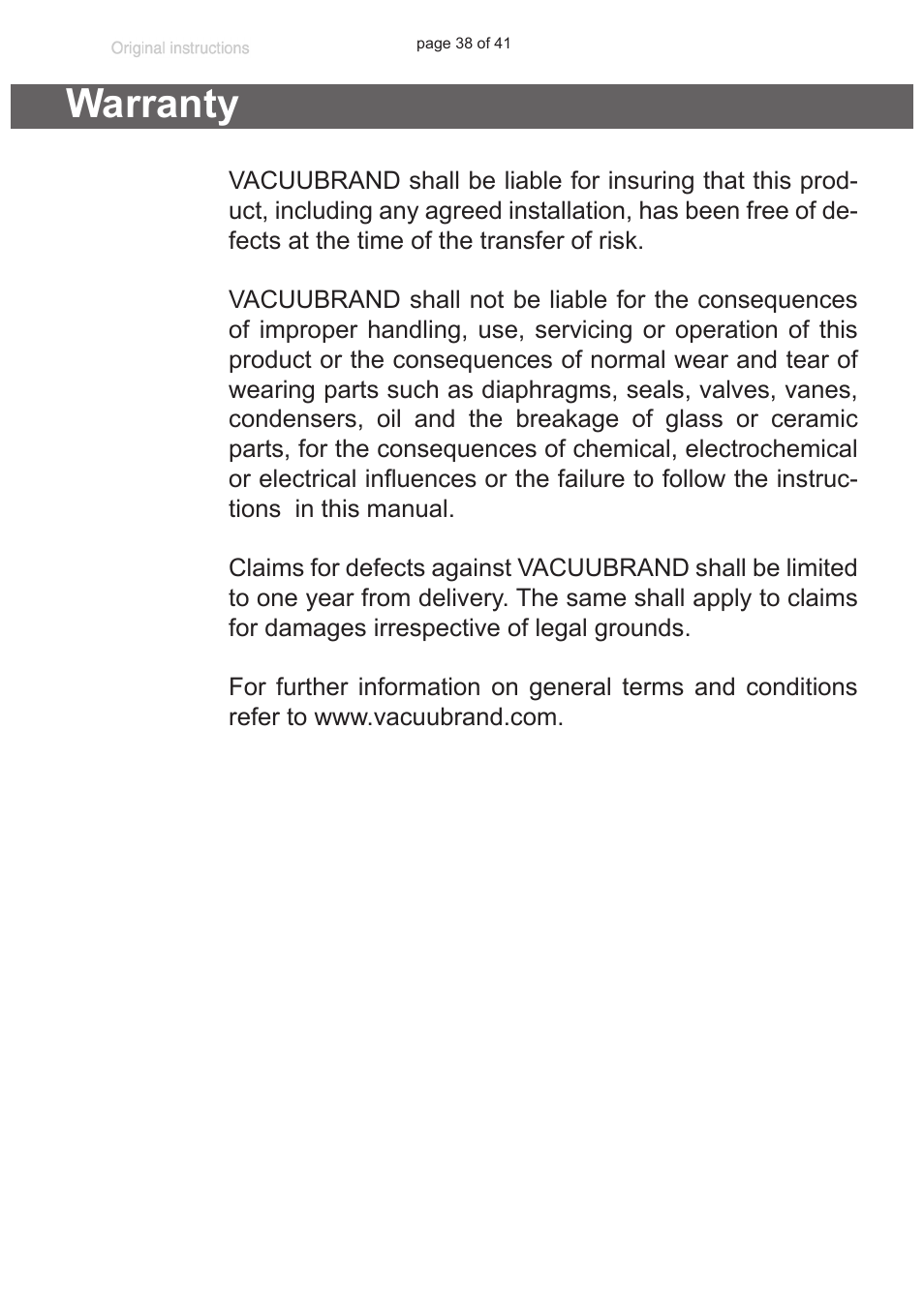 Warranty | VACUUBRAND Exhaust waste vapour condenser Peltronic User Manual | Page 38 / 41