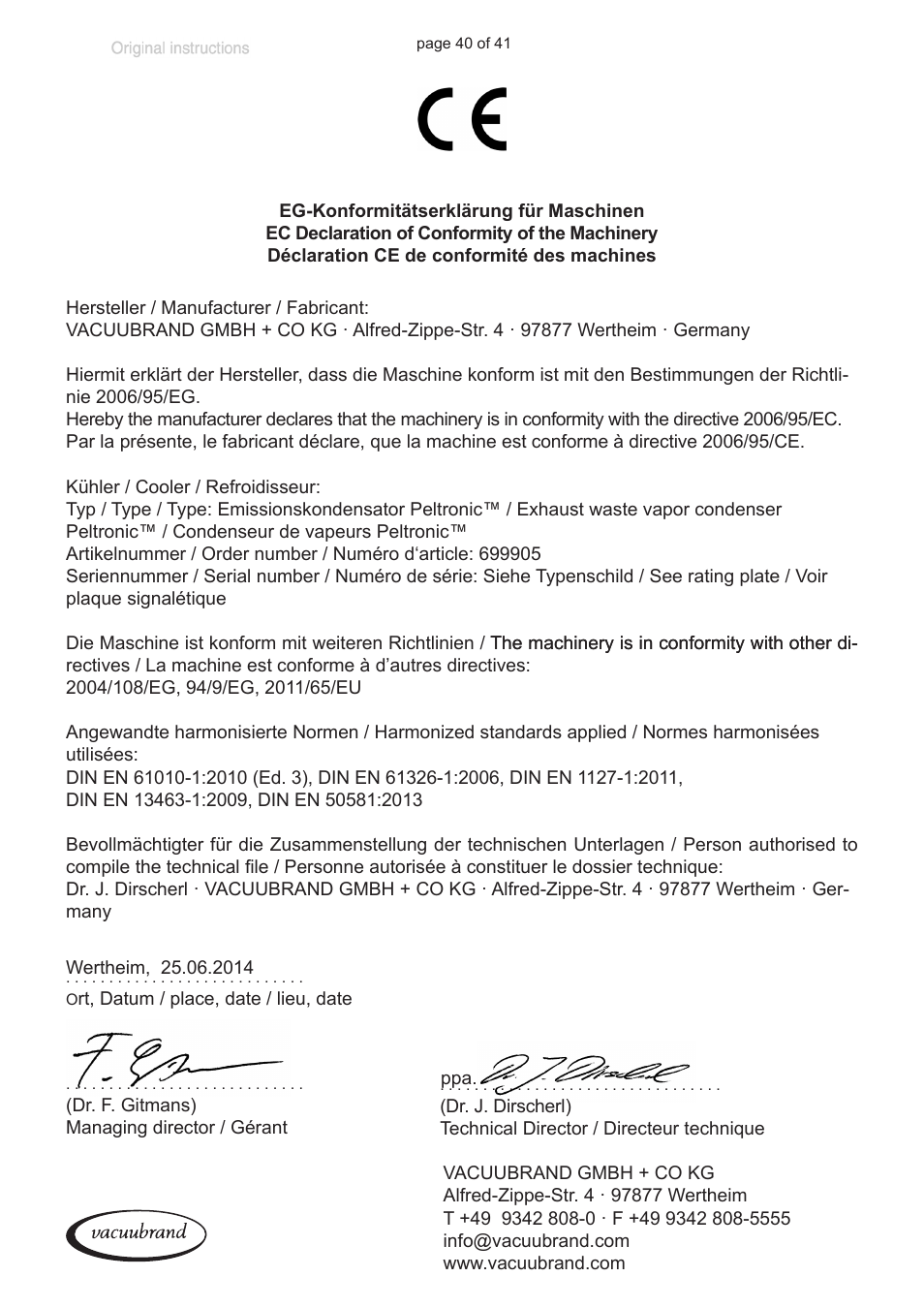 Ec declaration of conformity of the machinery | VACUUBRAND Exhaust waste vapour condenser Peltronic User Manual | Page 40 / 41