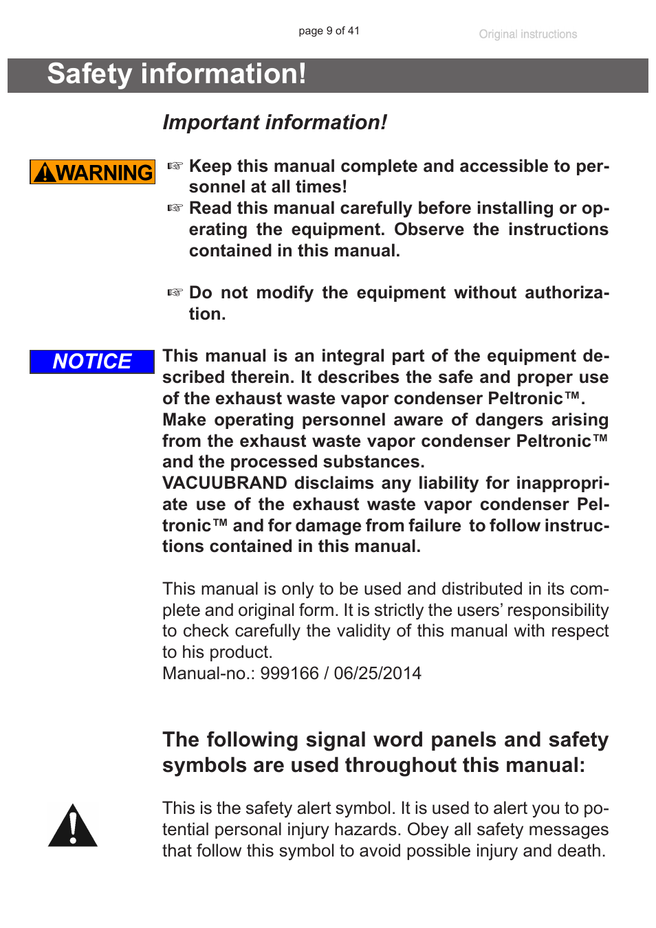 Safety information, Important information, Notice | VACUUBRAND Exhaust waste vapour condenser Peltronic User Manual | Page 9 / 41