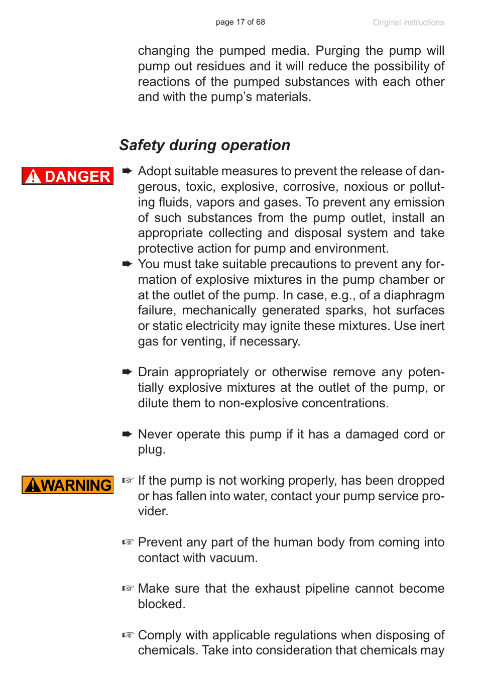 Safety during operation | VACUUBRAND MD 1 VARIO-SP User Manual | Page 17 / 68