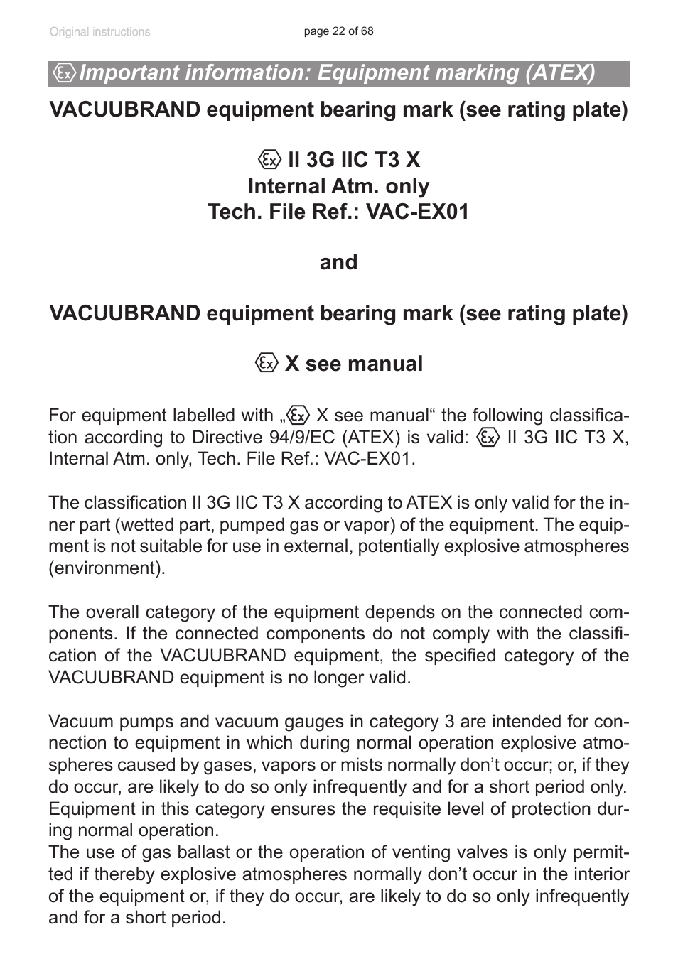 Important information: equipment marking (atex), See section, Important information | Equipment marking (atex)“, pg. 22) | VACUUBRAND MD 1 VARIO-SP User Manual | Page 22 / 68