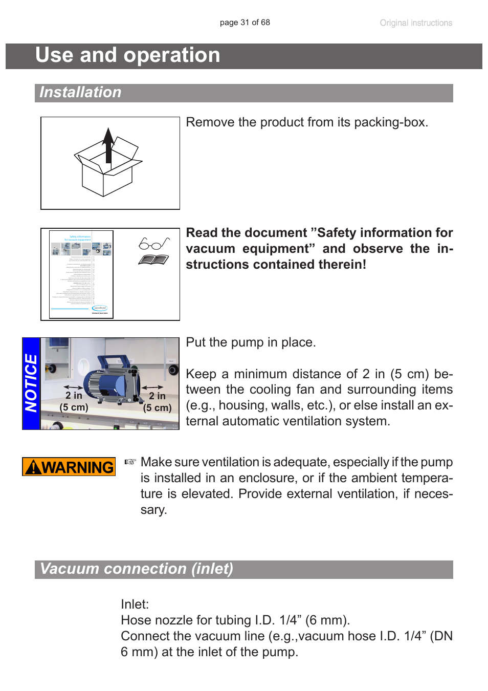 Use and operation, Installation, Vacuum connection (inlet) | Ctions; see section „use and operation“, pg, Notice vacuum connection (inlet), 2 in (5 cm) 2 in (5 cm) | VACUUBRAND MD 1 VARIO-SP User Manual | Page 31 / 68