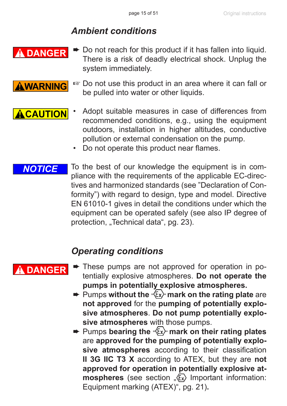 Ambient conditions, Operating conditions, Notice | VACUUBRAND MV 10 User Manual | Page 15 / 51