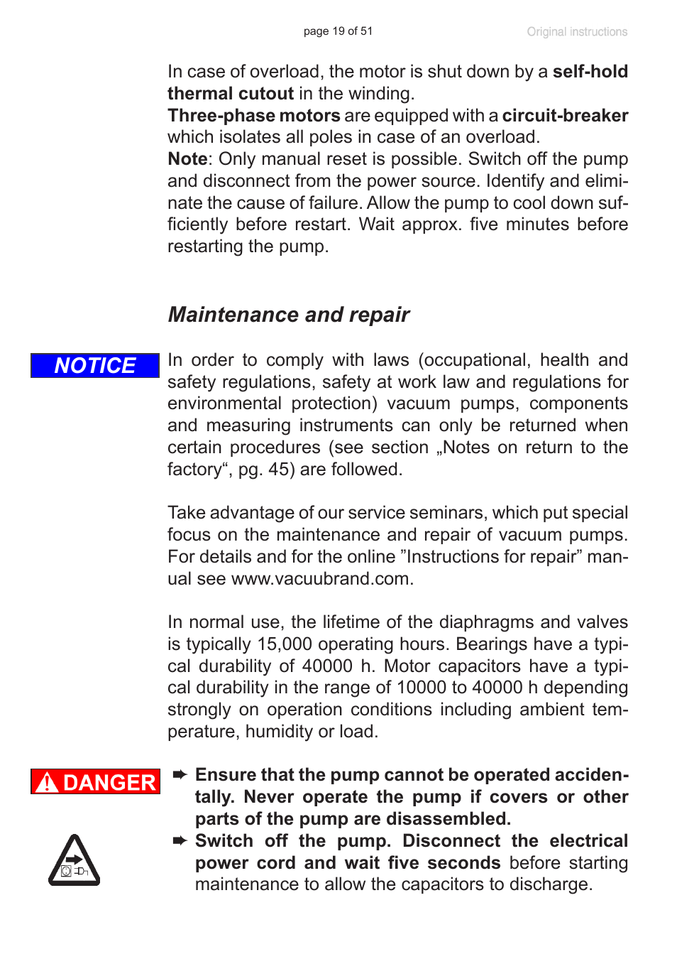 Maintenance and repair, Notice | VACUUBRAND MV 10 User Manual | Page 19 / 51