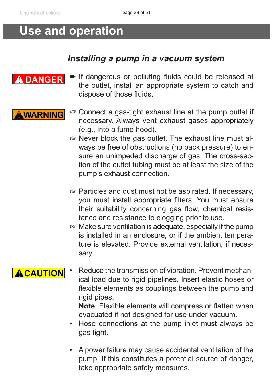 Use and operation, Installing a pump in a vacuum system | VACUUBRAND MV 10 User Manual | Page 28 / 51