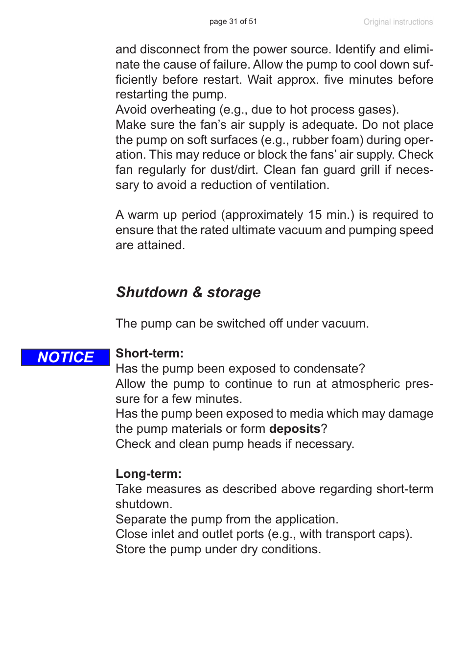 Shutdown & storage, Notice | VACUUBRAND MV 10 User Manual | Page 31 / 51