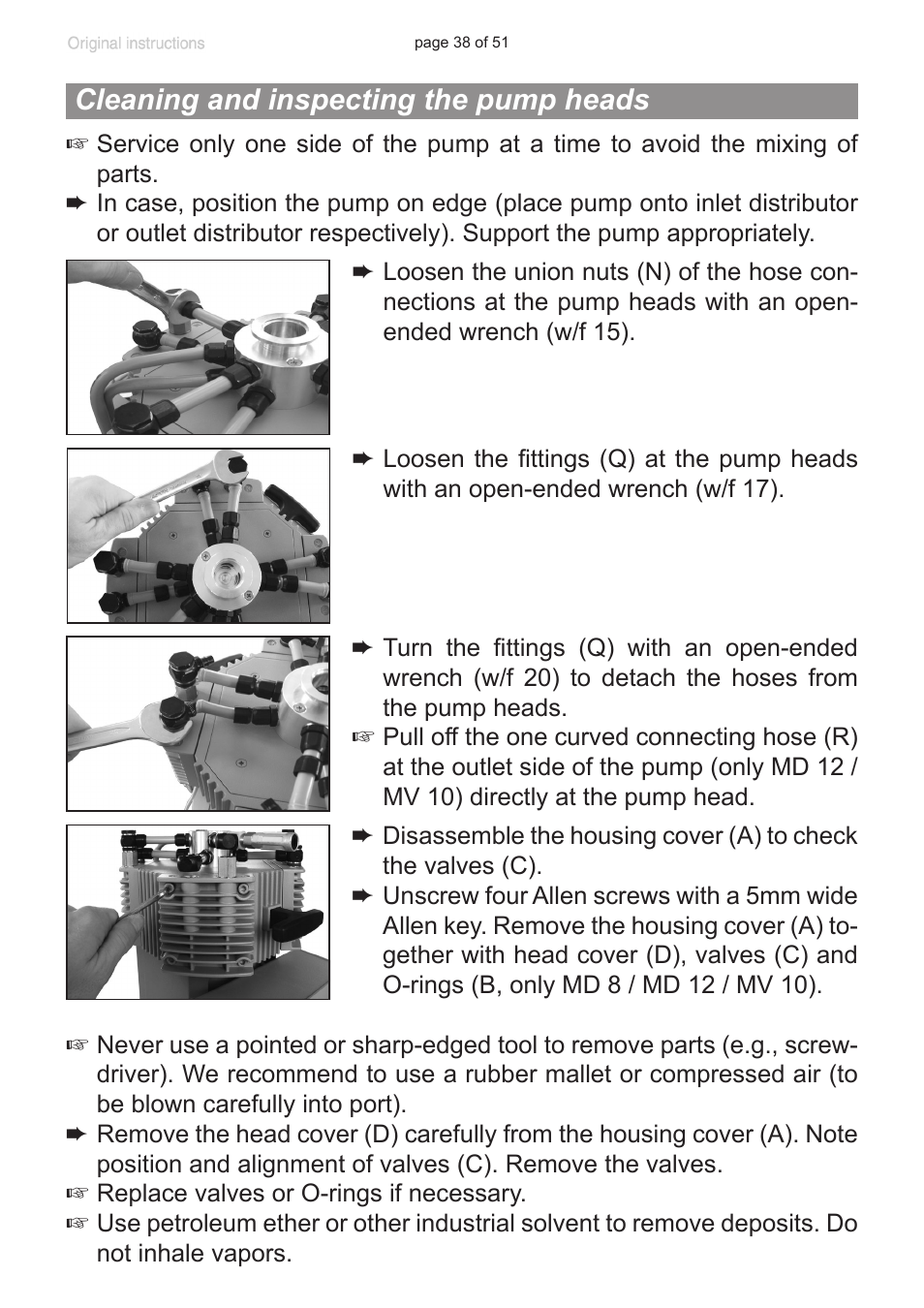 Cleaning and inspecting the pump heads | VACUUBRAND MV 10 User Manual | Page 38 / 51