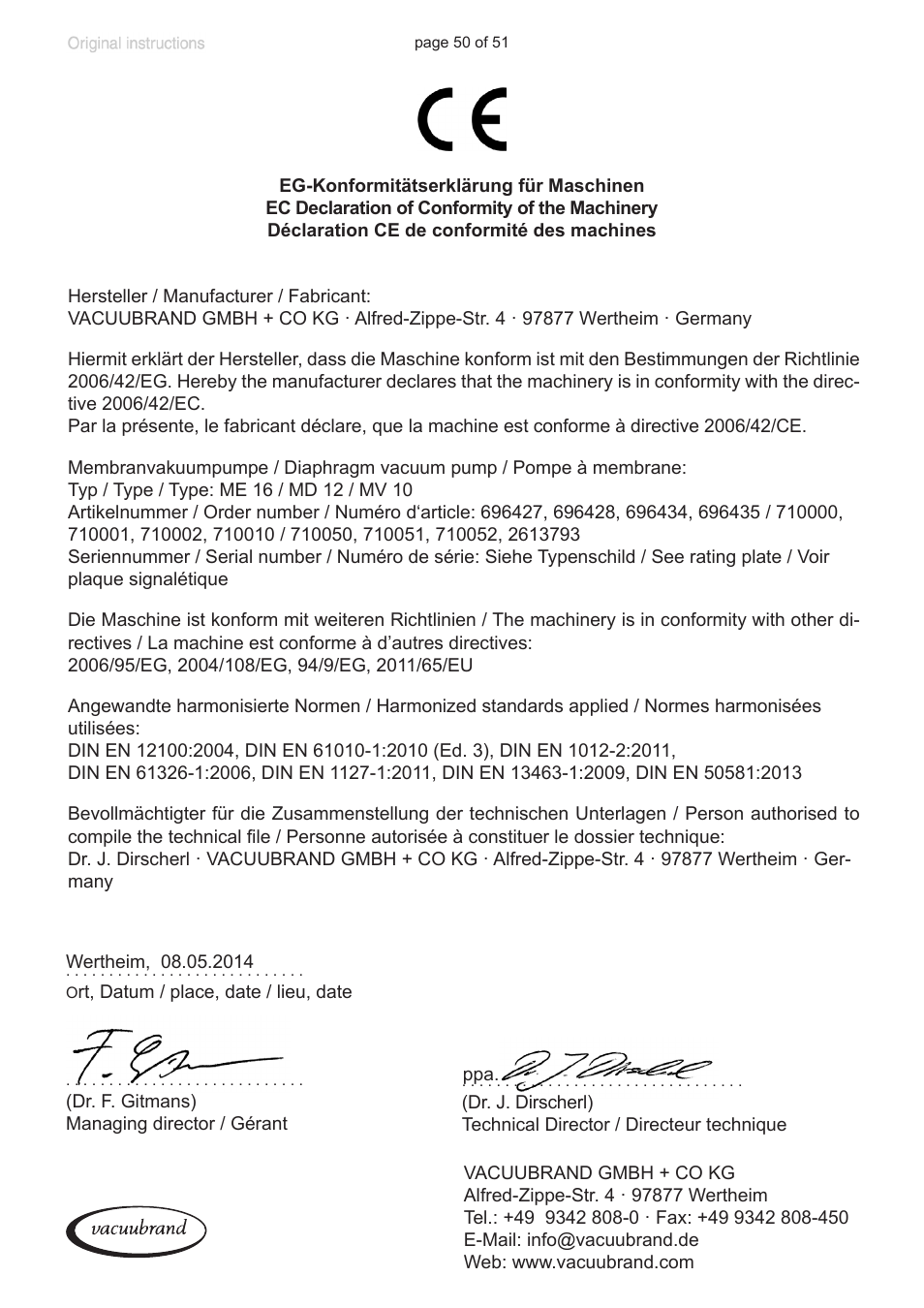 Ec declaration of conformity of the machinery | VACUUBRAND MV 10 User Manual | Page 50 / 51