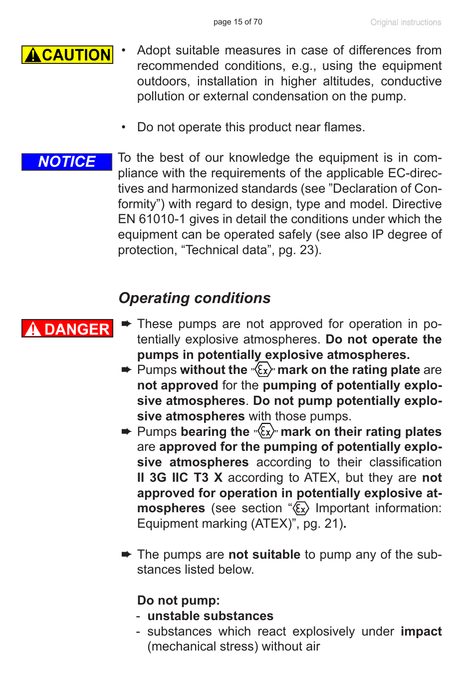 Operating conditions, Notice | VACUUBRAND MV 10 NT User Manual | Page 15 / 70