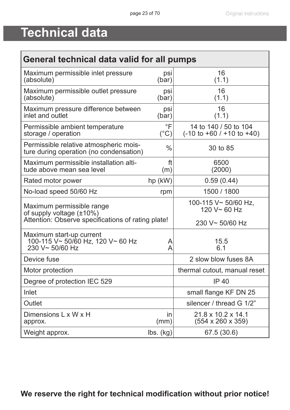 Technical data, General technical data valid for all pumps, Protection, “technical data”, pg. 23) | VACUUBRAND MV 10 NT User Manual | Page 23 / 70