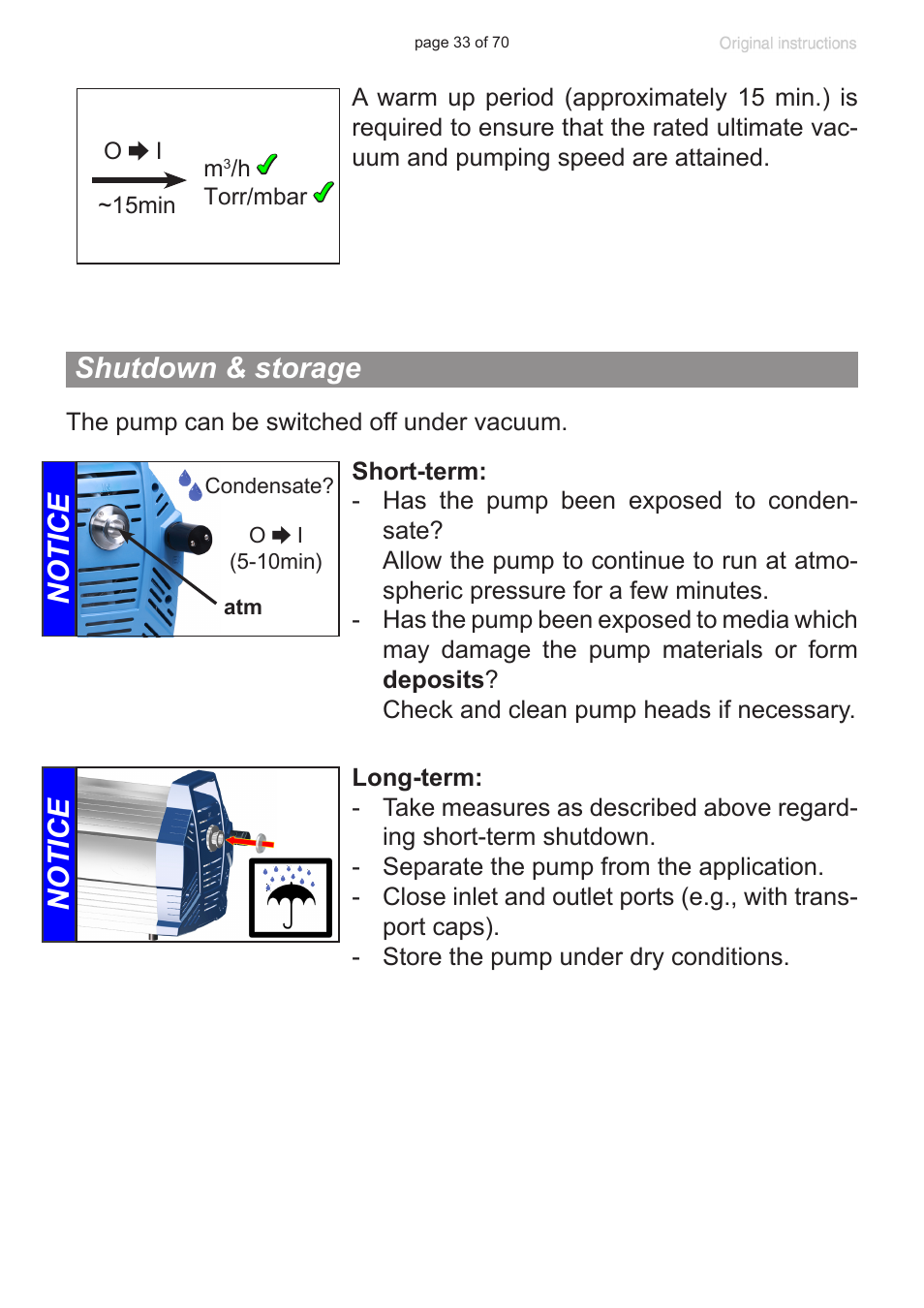 Shutdown & storage, Notice | VACUUBRAND MV 10 NT User Manual | Page 33 / 70