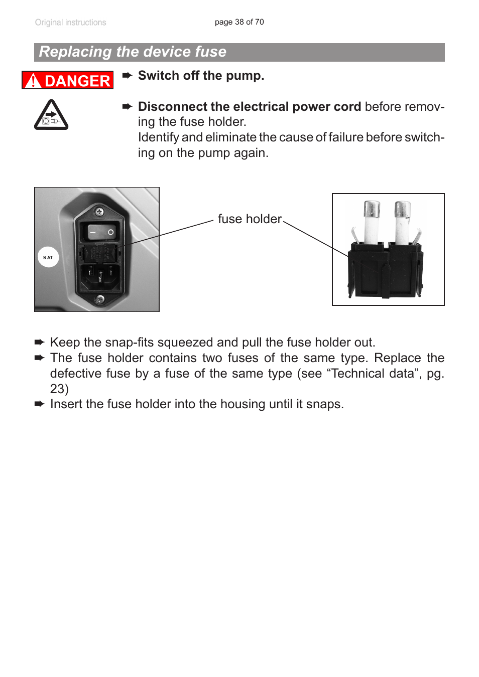 Replacing the device fuse | VACUUBRAND MV 10 NT User Manual | Page 38 / 70