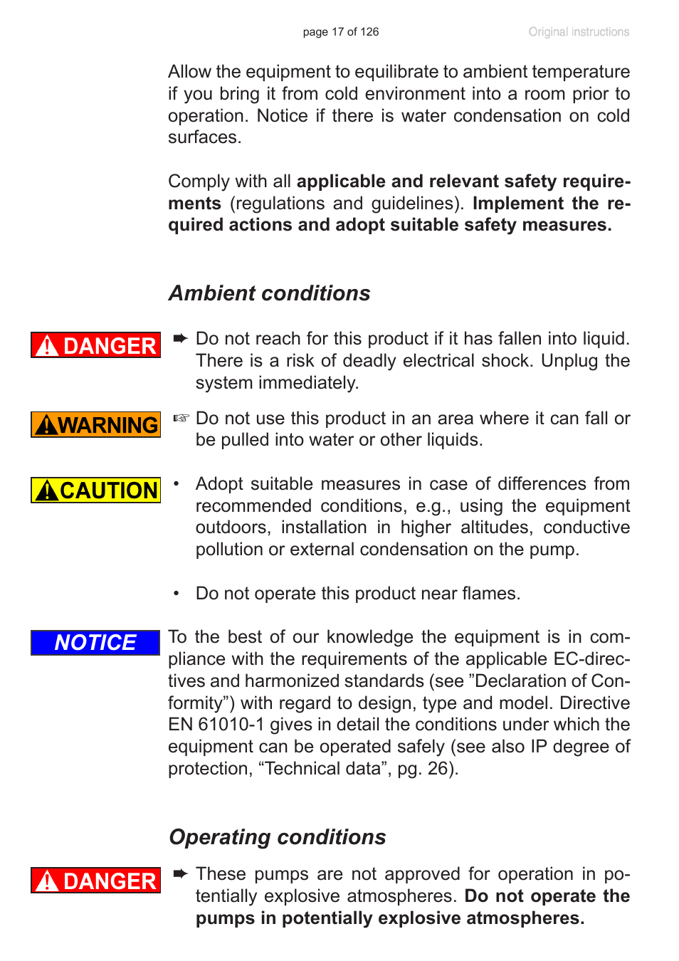 Ambient conditions, Operating conditions, Notice | VACUUBRAND MV 10 NT VARIO User Manual | Page 17 / 126