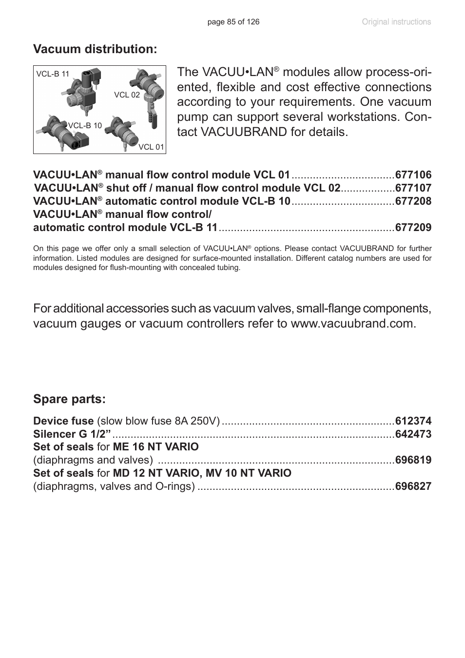 Vacuum distribution: the vacuu•lan, Spare parts | VACUUBRAND MV 10 NT VARIO User Manual | Page 85 / 126