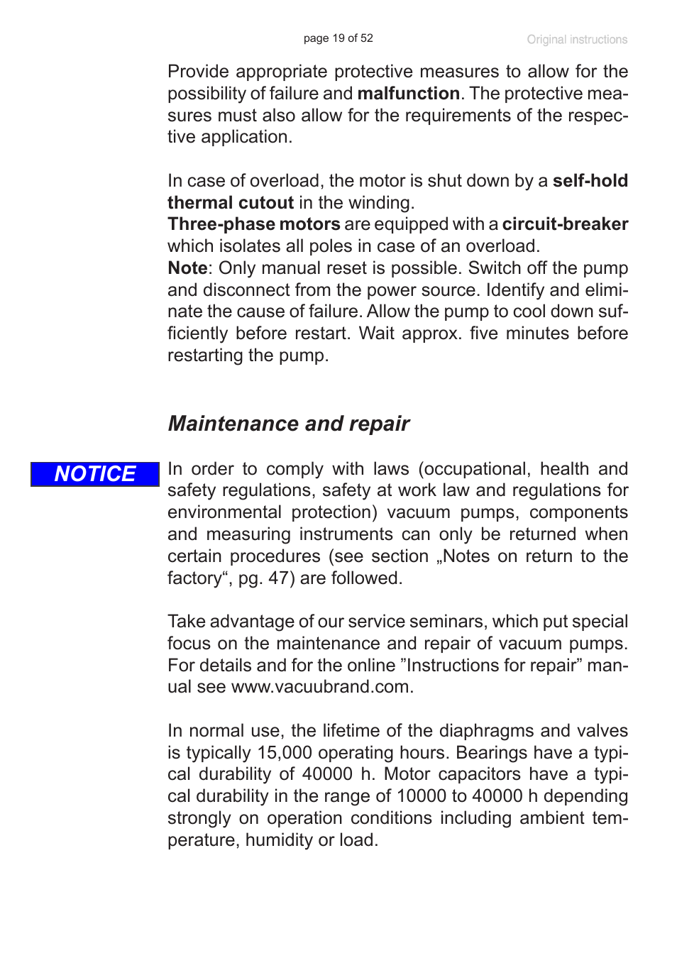 Maintenance and repair, Notice | VACUUBRAND MZ 8C User Manual | Page 19 / 52